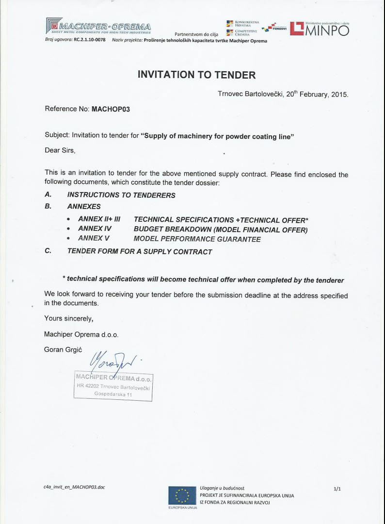 Ponovljeni poziv na javnu nabavu MACHOP03 / Repeated Invitation to Tender MACHOP03